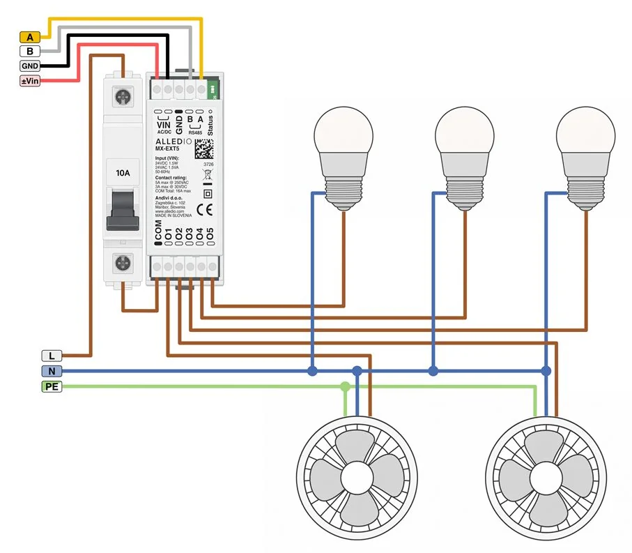 Alledio MX-EXT5 Mode 2 wiring example – standalone relays