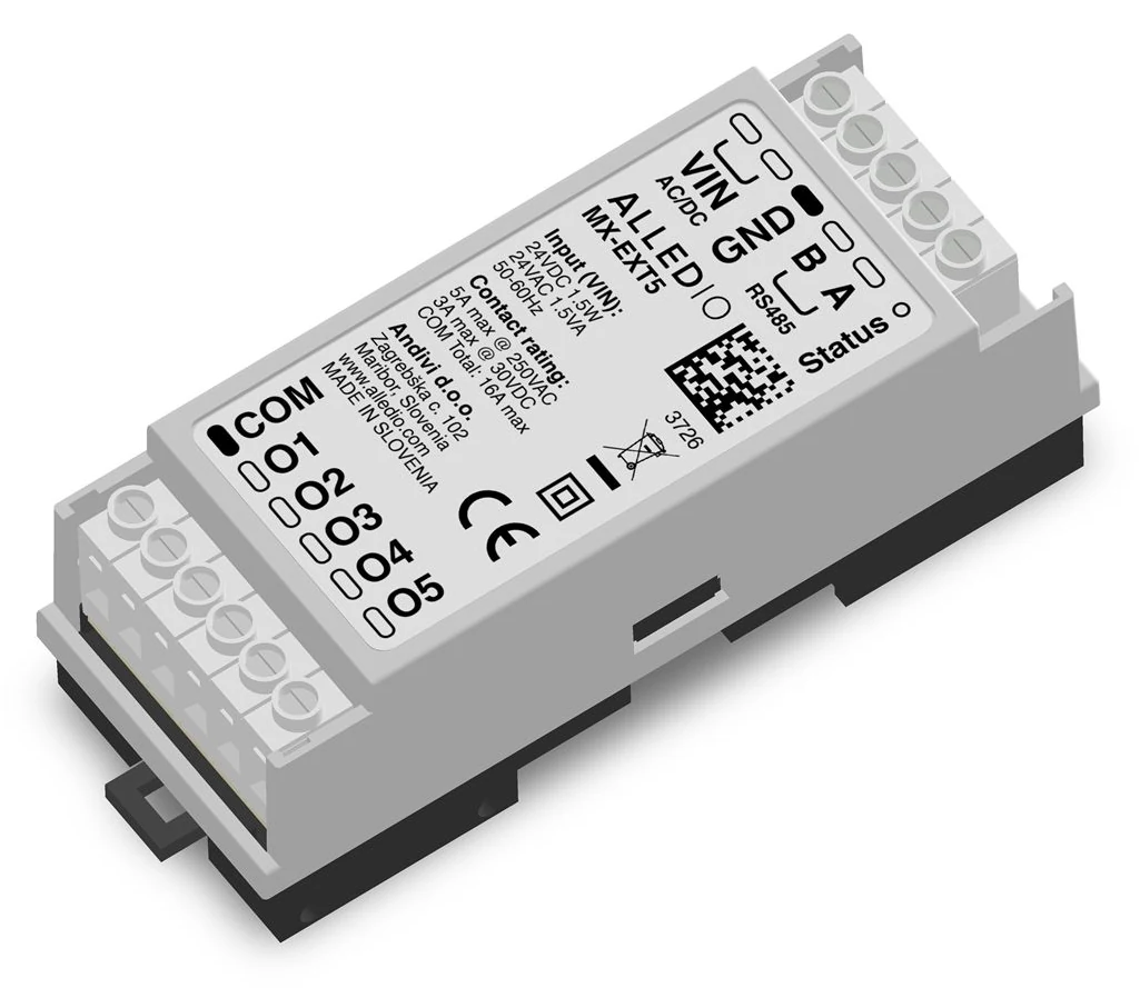 Alledio MX-EXT5 Modbus relejni modul za DIN šinu Alledio MX-EXT5 Modbus relejni modul za DIN šinu s pet NO kontakata, stezaljkom COM, napajanjem 24 V i RS485 stezaljkama
